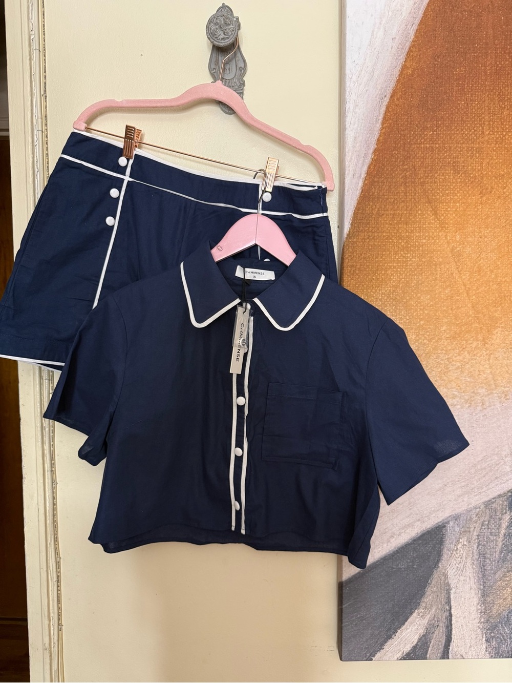 Commense Navy Set with White Trim — Cropped Shirt & High-Waist Shorts